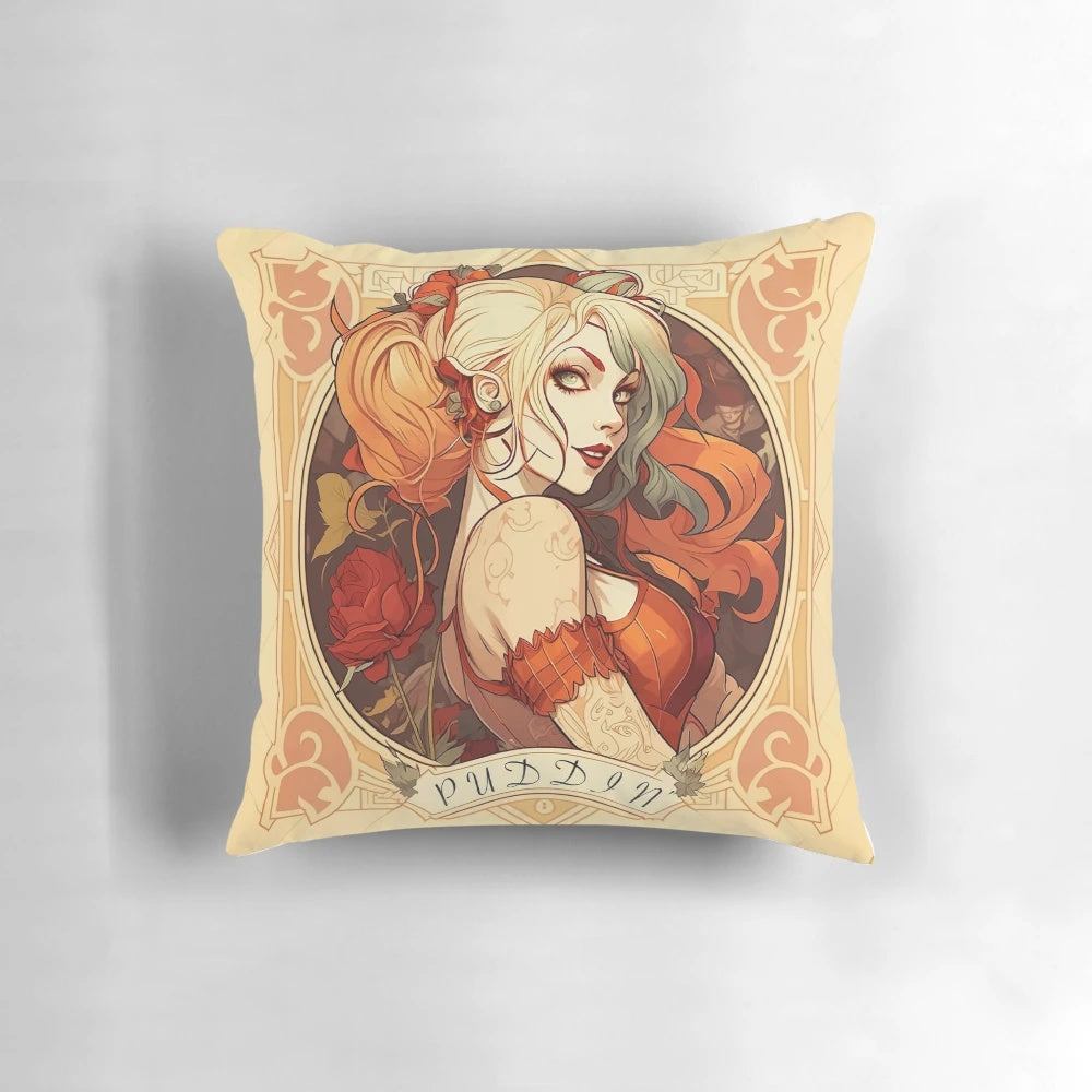 Whimsical harlequin-inspired portrait of the DC Comics character Harleen on a decorative pillow