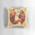 Whimsical harlequin-inspired portrait of the DC Comics character Harleen on a decorative pillow