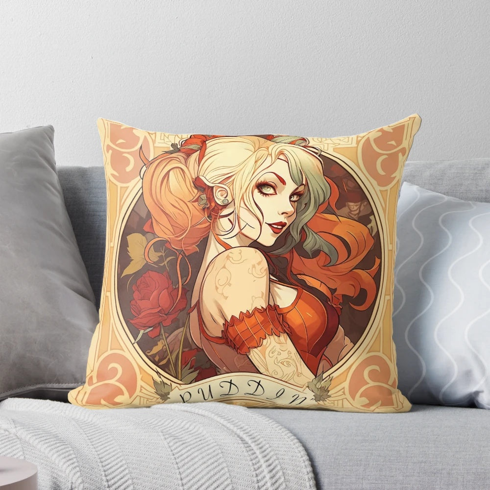 Whimsical harlequin-inspired portrait of the DC Comics character Harleen on a decorative pillow