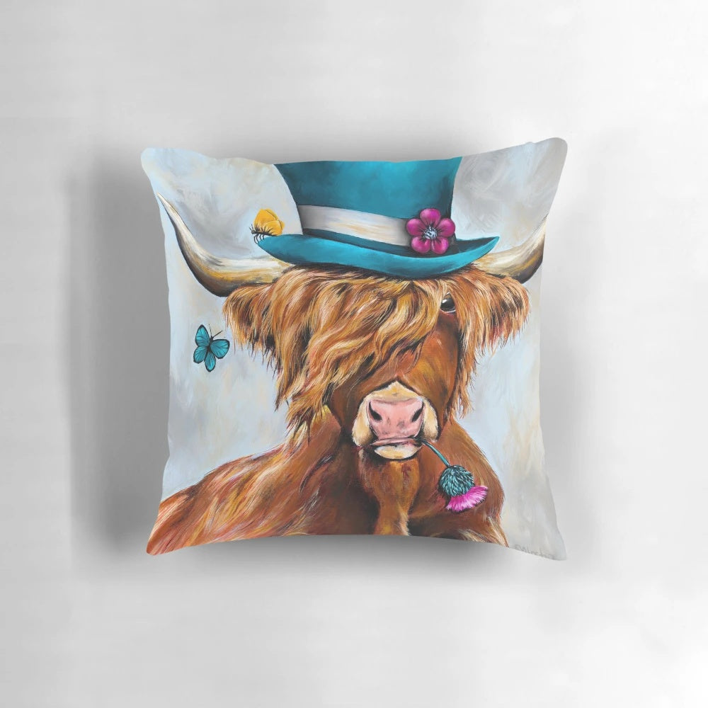 Decorative highland cow pillow with a quirky, artistic design