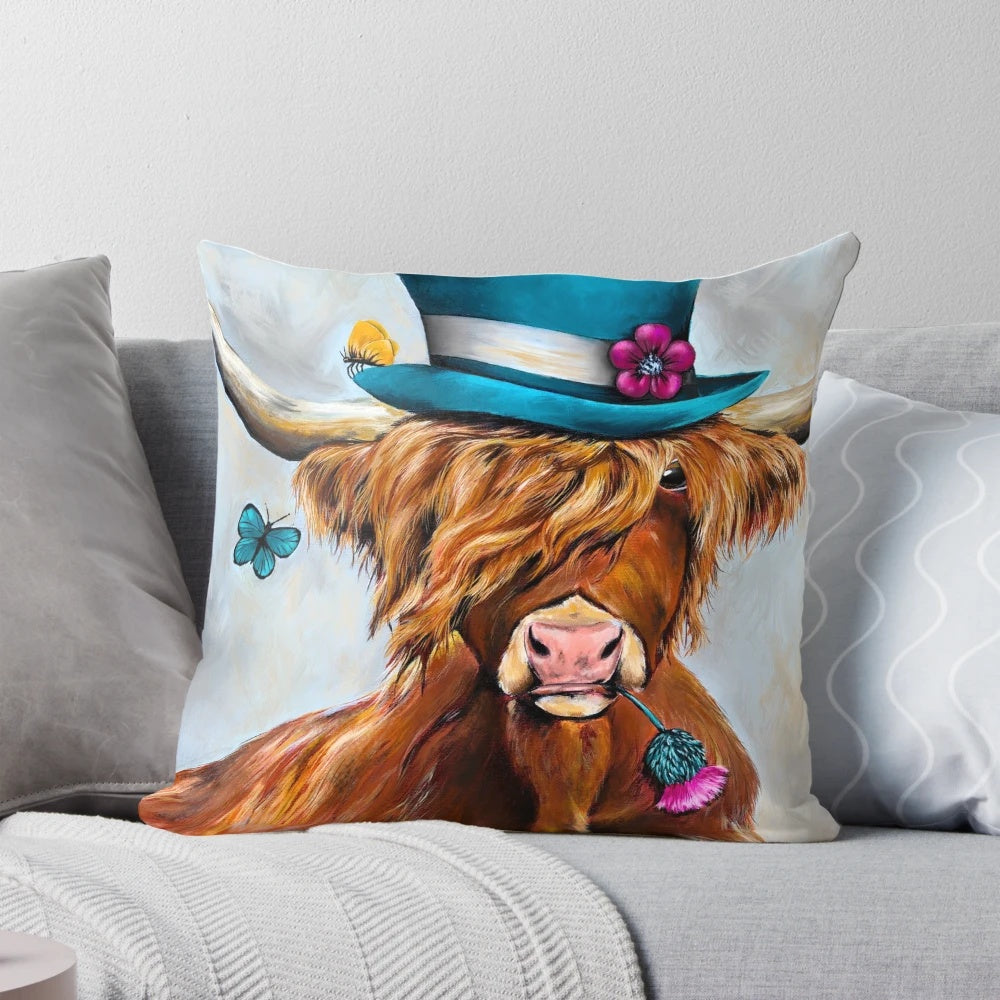 Decorative highland cow pillow with a quirky, artistic design
