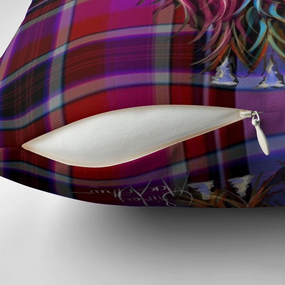 Colorful pillow featuring a highland cow in a tartan and sunflower design