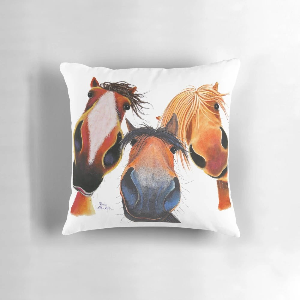 Whimsical horse art pillow with the text 'Who Left the Gate Open?