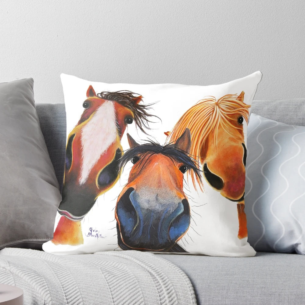 Whimsical horse art pillow with the text 'Who Left the Gate Open?
