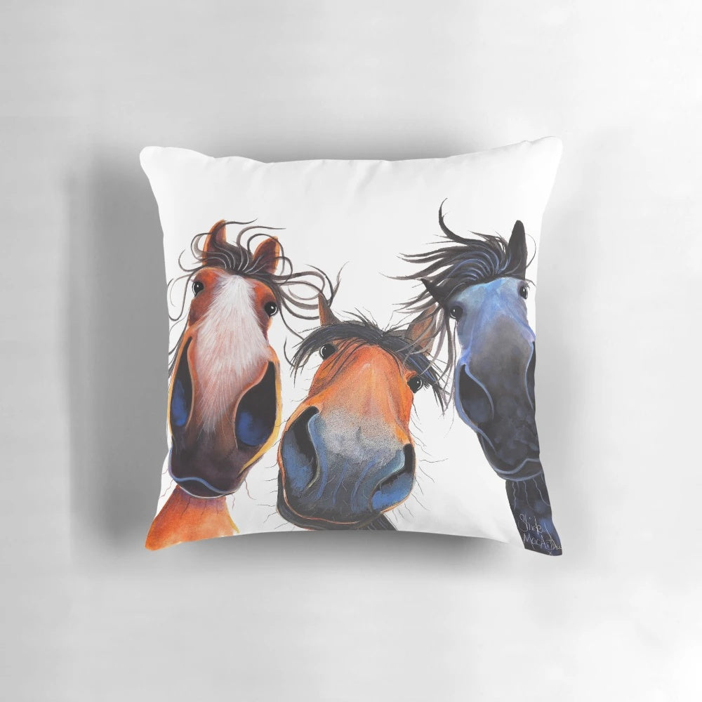 Colorful horse print pillow with the text "Who Left the Gate Open?"