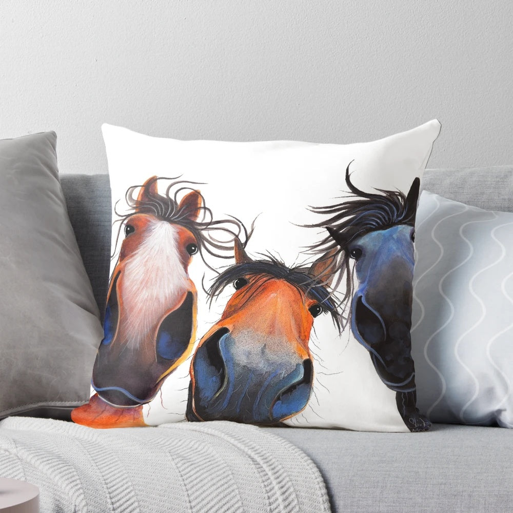 Colorful horse print pillow with the text "Who Left the Gate Open?"