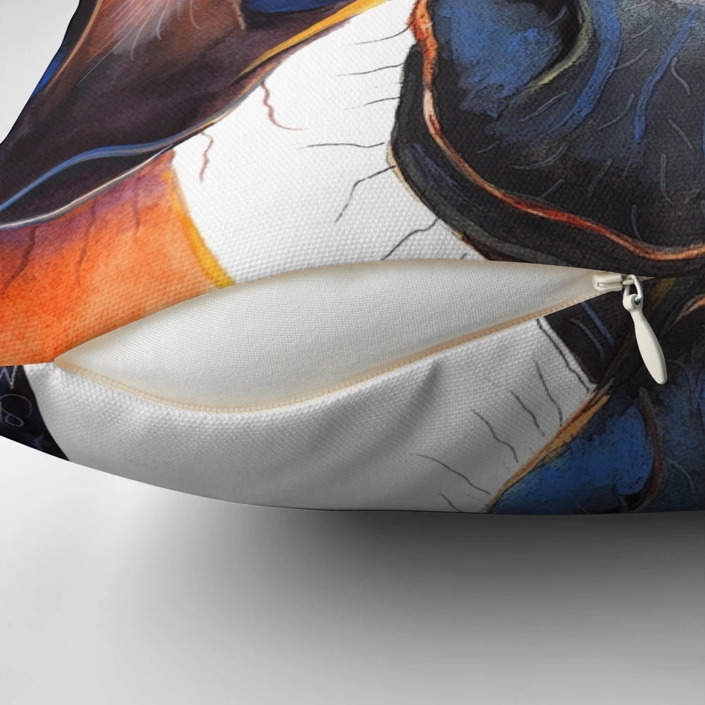 Colorful horse print pillow with the text "Who Left the Gate Open?"