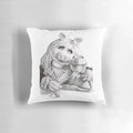 A plush decorative pillow featuring the beloved Muppet characters Kermit the Frog and Miss Piggy in a fun ballpoint pen design.