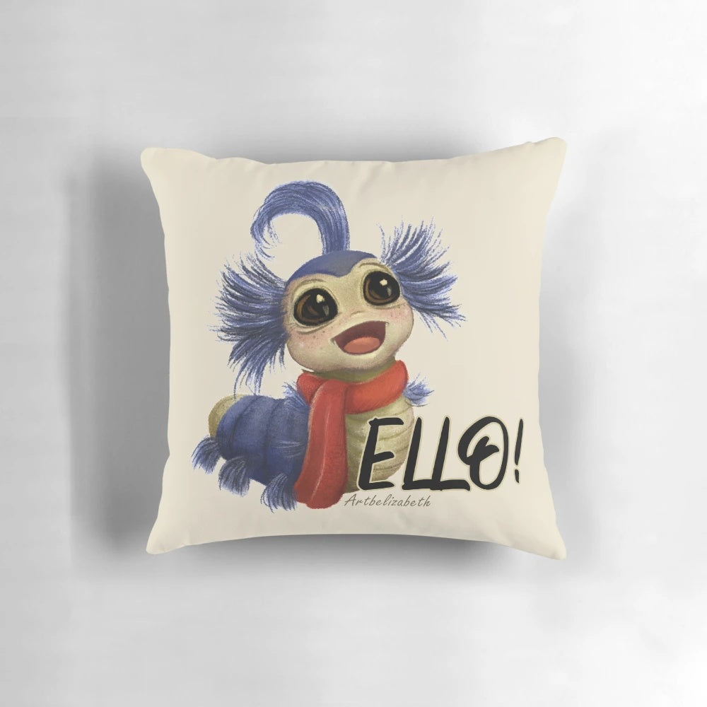 A decorative pillow featuring a labyrinth worm, a whimsical creature from the 1980s fantasy film Labyrinth.
