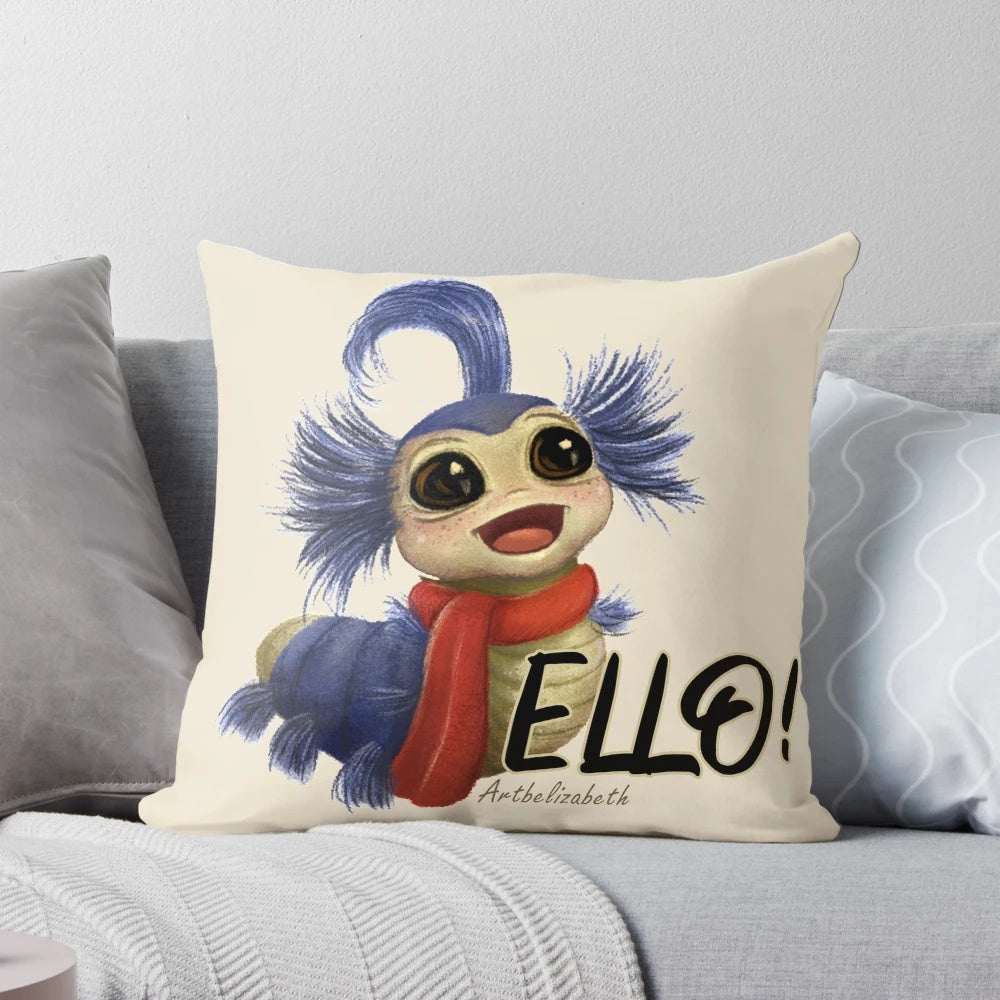 A decorative pillow featuring a labyrinth worm, a whimsical creature from the 1980s fantasy film Labyrinth.