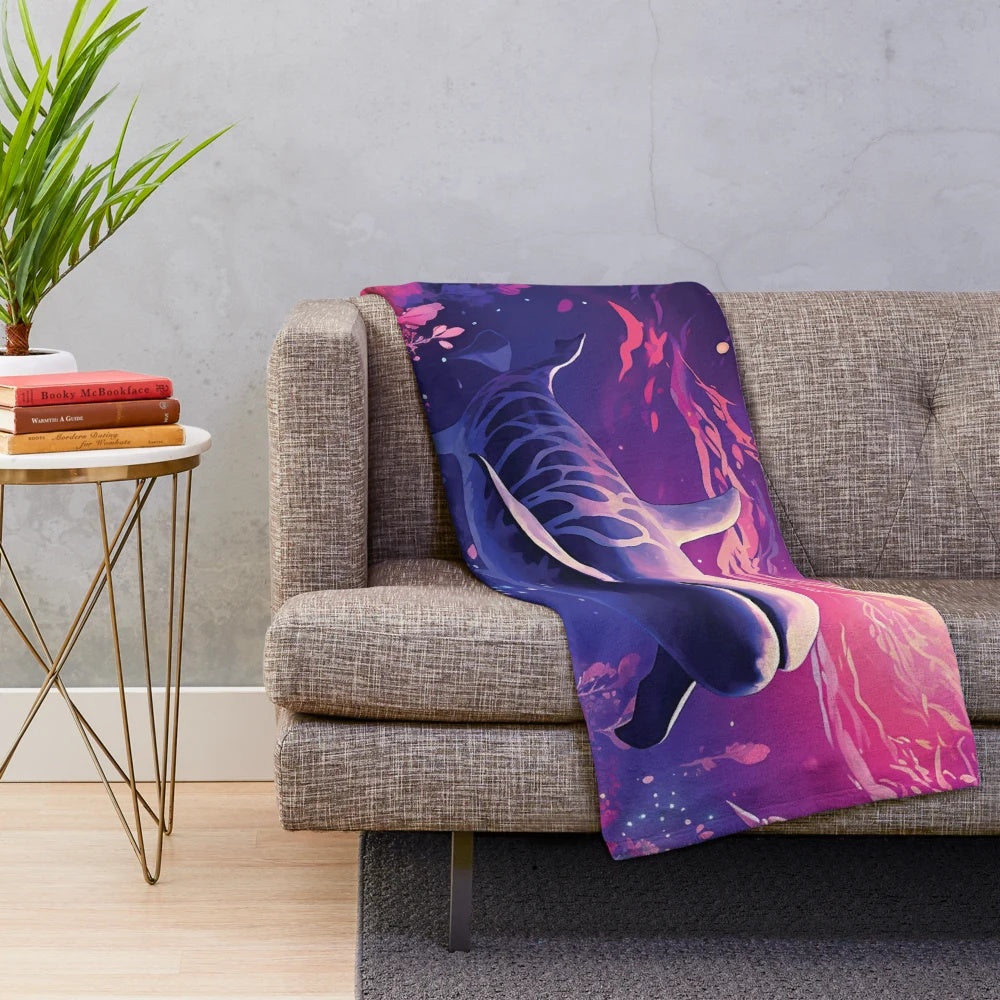 Plush blanket featuring whimsical and legendary sea creatures in a dreamy, abstract ocean landscape design by BrianM Art