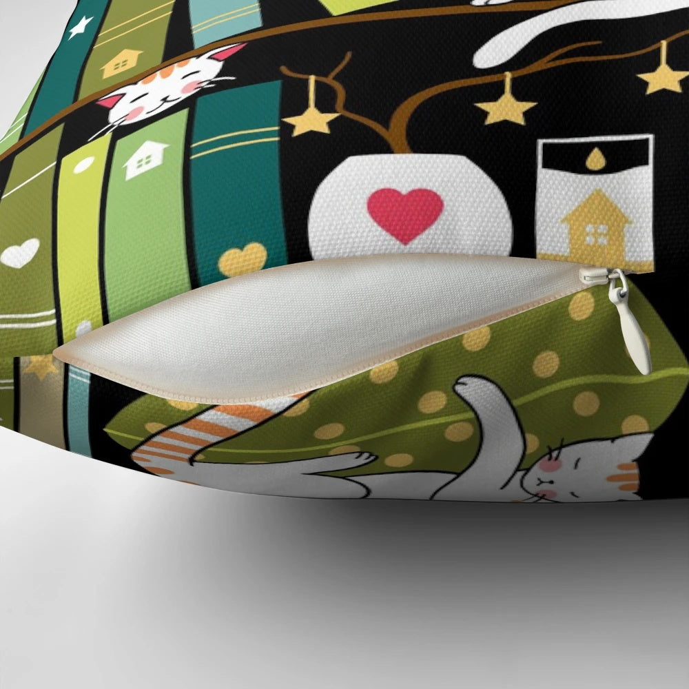 Whimsical library cats sitting on book shelves printed on a decorative throw pillow