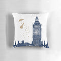 A throw pillow featuring a linocut design of the London skyline with Mary Poppins silhouette.