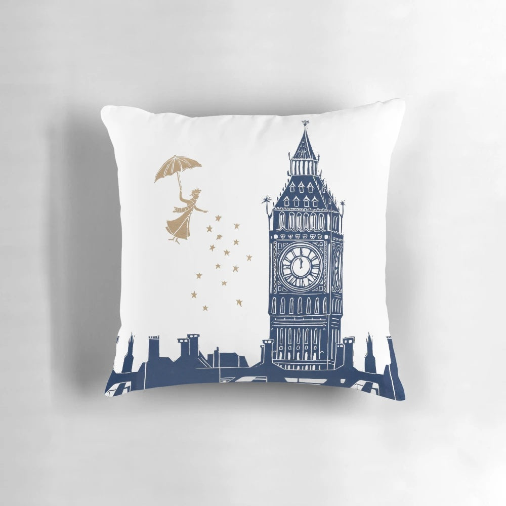 A throw pillow featuring a linocut design of the London skyline with Mary Poppins silhouette.