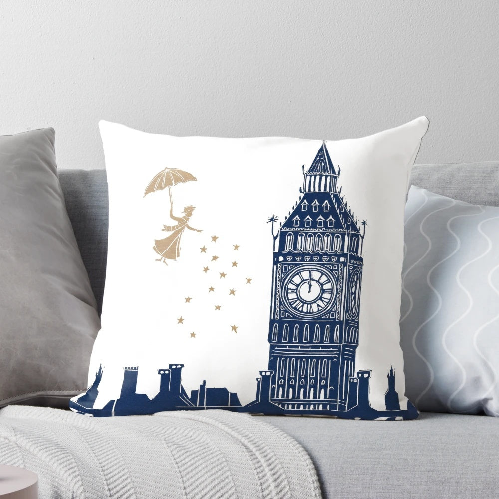 A throw pillow featuring a linocut design of the London skyline with Mary Poppins silhouette.