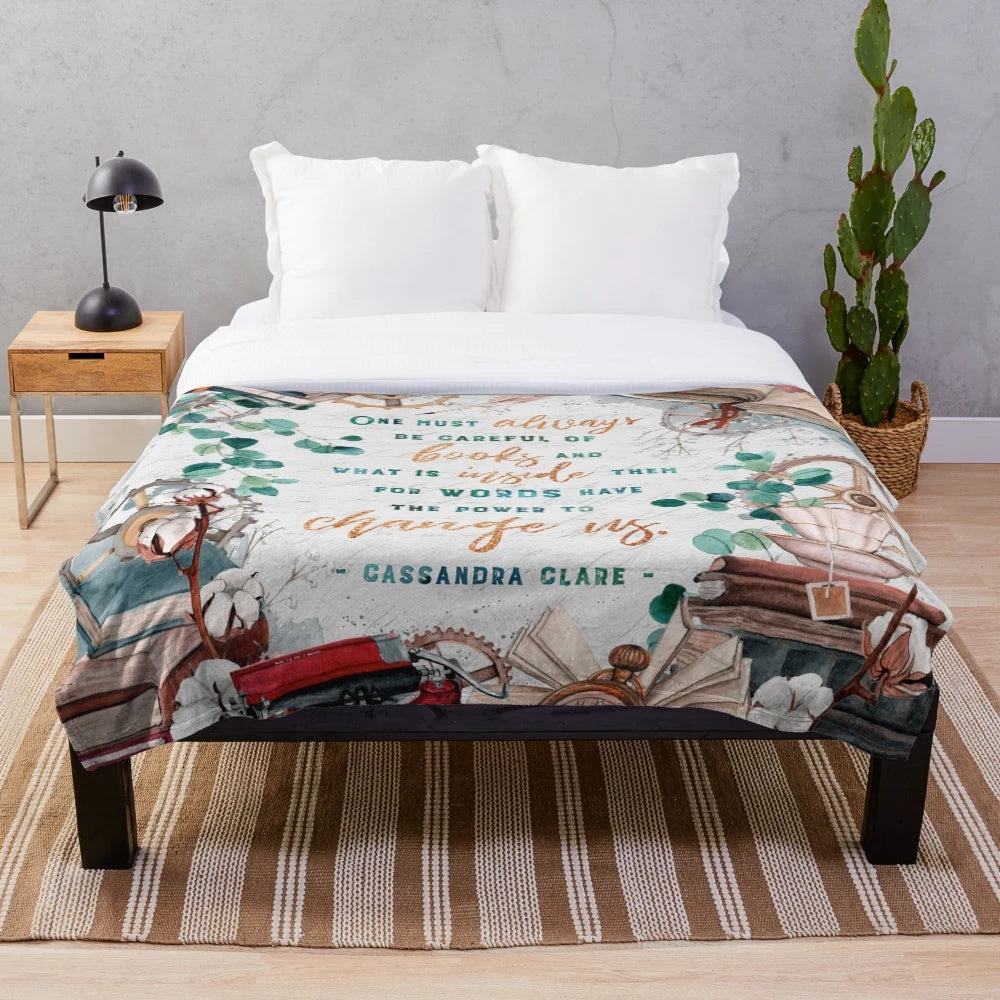 Watercolor book stack and floral design plush blanket for book lovers
