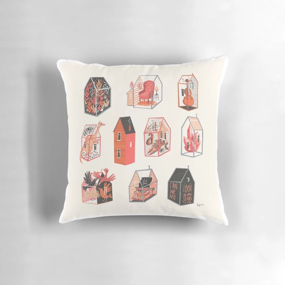 Little Boxes Pillow featuring a charming collage of birds, ghosts, typewriters, and nature elements