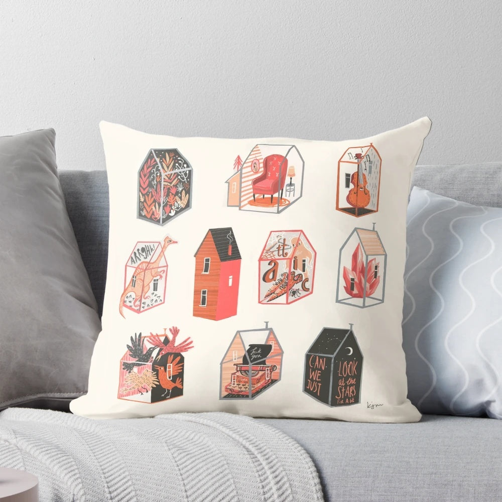 Little Boxes Pillow featuring a charming collage of birds, ghosts, typewriters, and nature elements