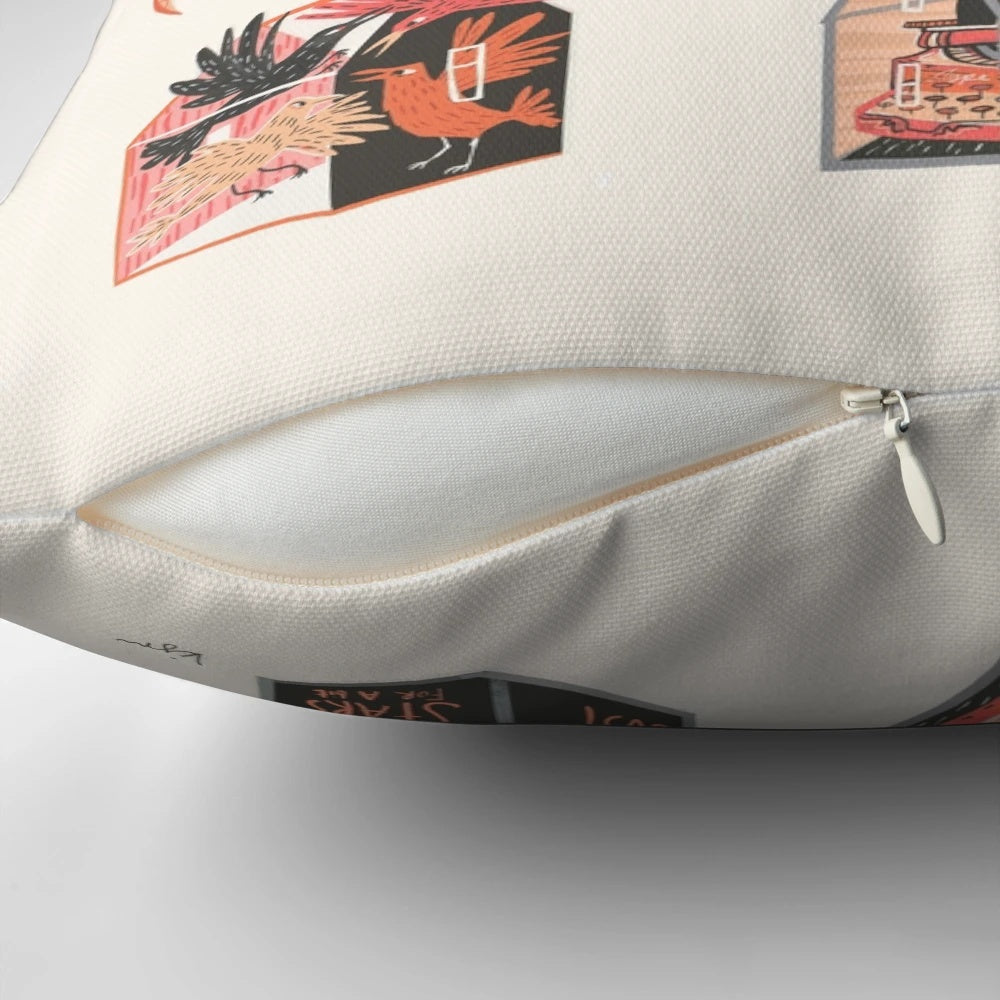 Little Boxes Pillow featuring a charming collage of birds, ghosts, typewriters, and nature elements