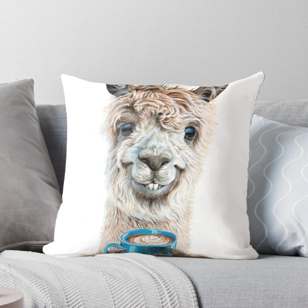 Soft, plush pillow featuring a llama design with a latte cup, perfect for adding a touch of whimsy to your home or office decor.