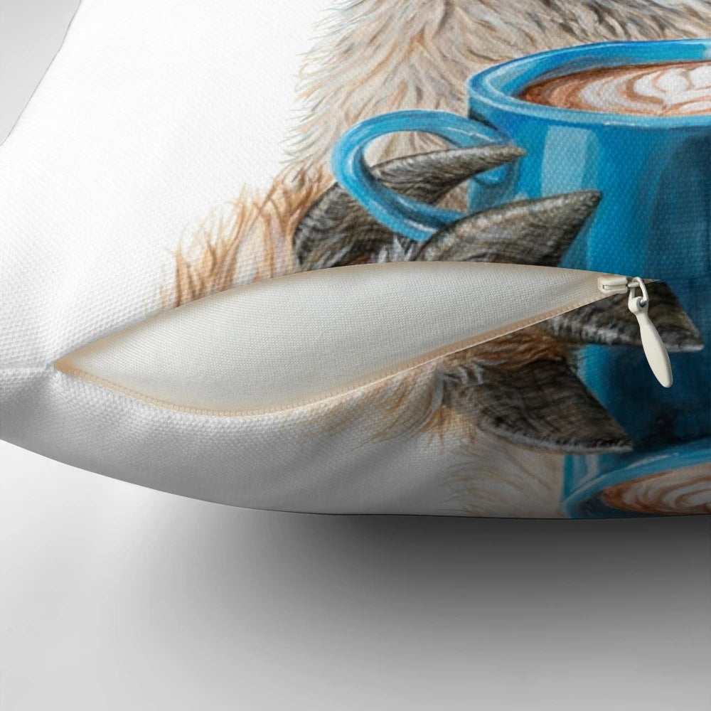 Soft, plush pillow featuring a llama design with a latte cup, perfect for adding a touch of whimsy to your home or office decor.