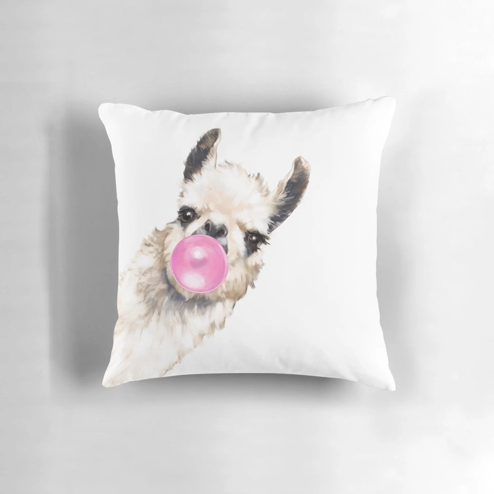 Watercolor illustration of a cute, playful llama blowing bubble gum