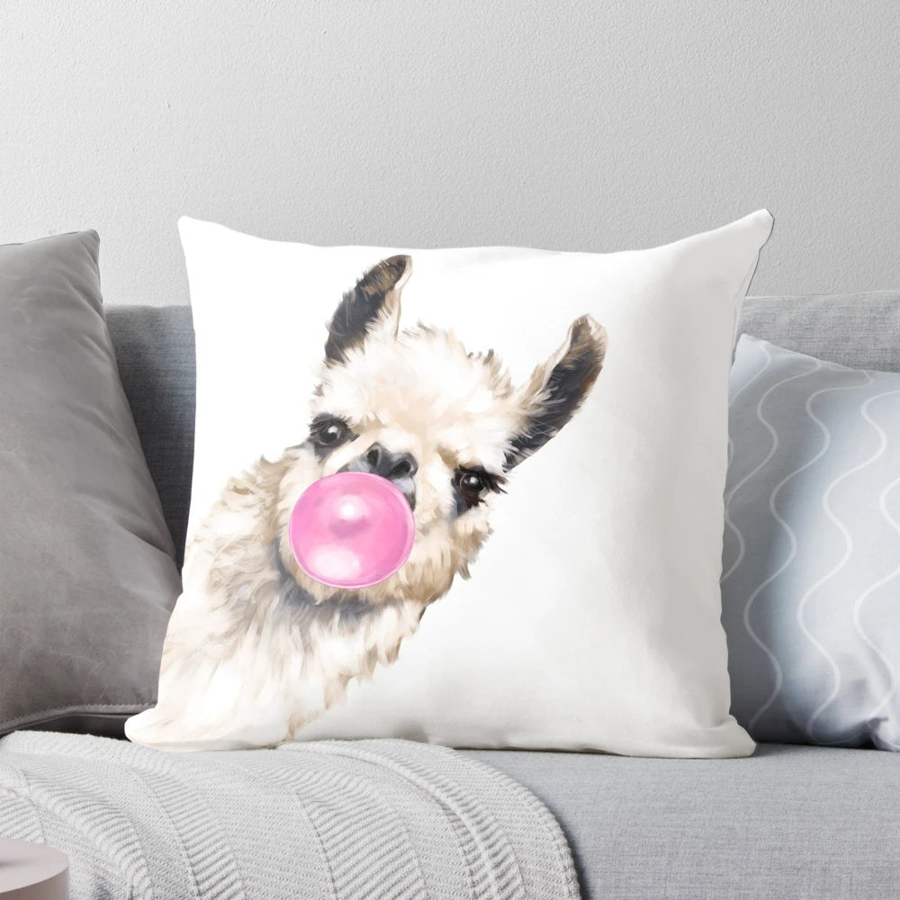 Watercolor illustration of a cute, playful llama blowing bubble gum