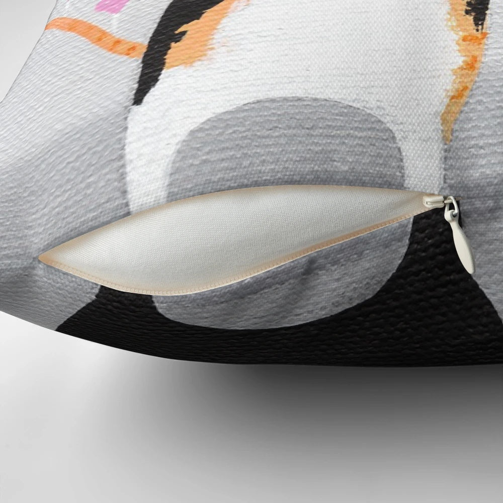 Whimsical decorative throw pillow featuring a design of love cats with raining hearts in calico and black
