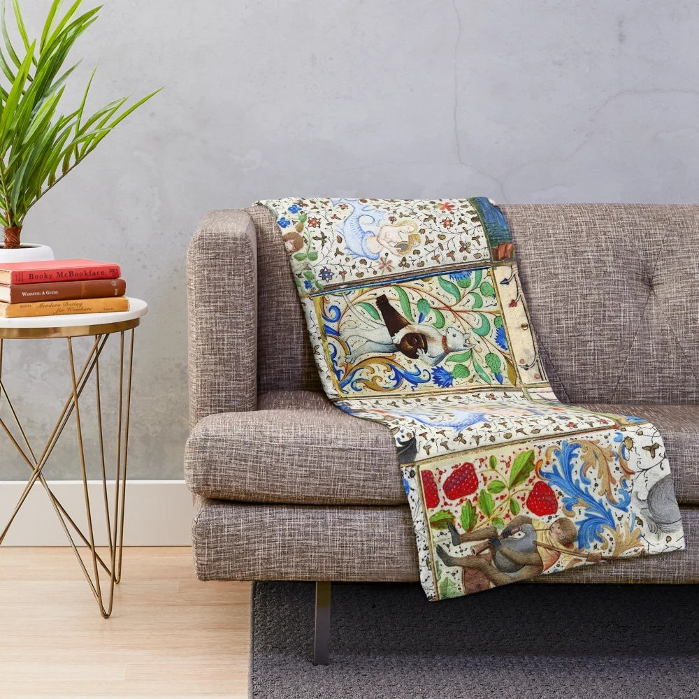 Plush blanket featuring medieval fantasy animals playing musical instruments in a floral setting