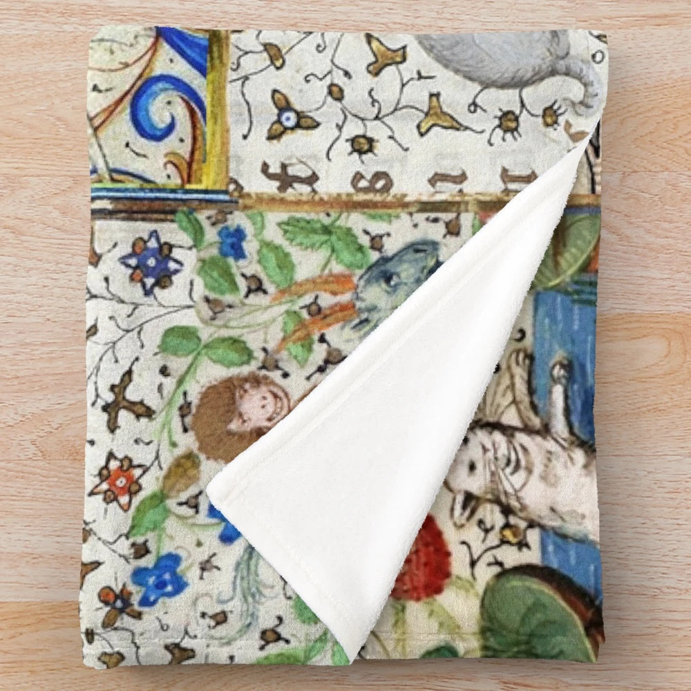 Plush blanket featuring medieval fantasy animals playing musical instruments in a floral setting