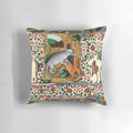 Charming medieval-inspired pillow featuring a cat playing an organ, a rabbit playing a harp, and a snail-like cat, surrounded by forest animals and thistles.
