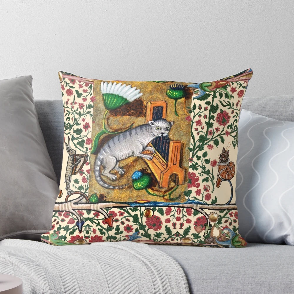 Charming medieval-inspired pillow featuring a cat playing an organ, a rabbit playing a harp, and a snail-like cat, surrounded by forest animals and thistles.
