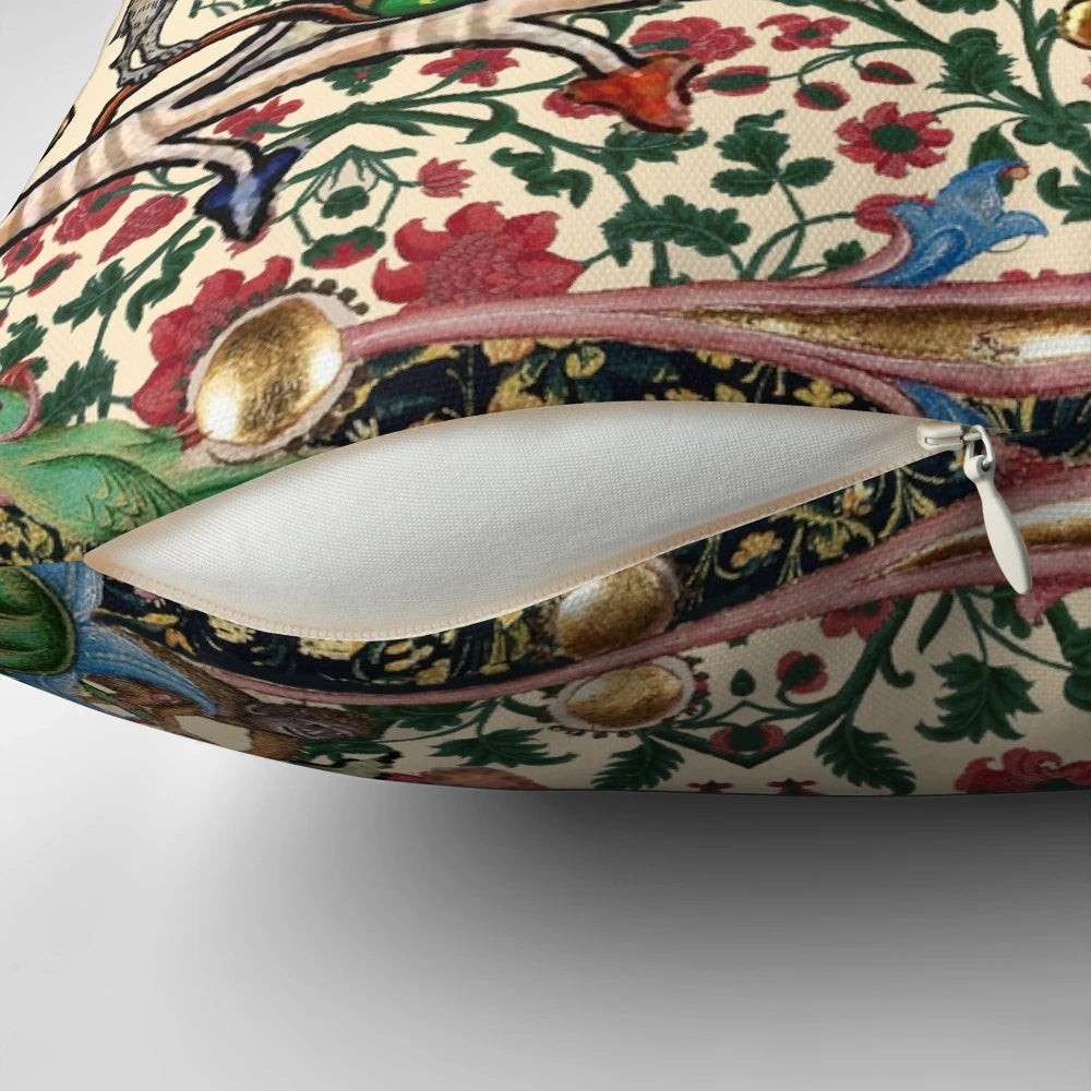 Charming medieval-inspired pillow featuring a cat playing an organ, a rabbit playing a harp, and a snail-like cat, surrounded by forest animals and thistles.