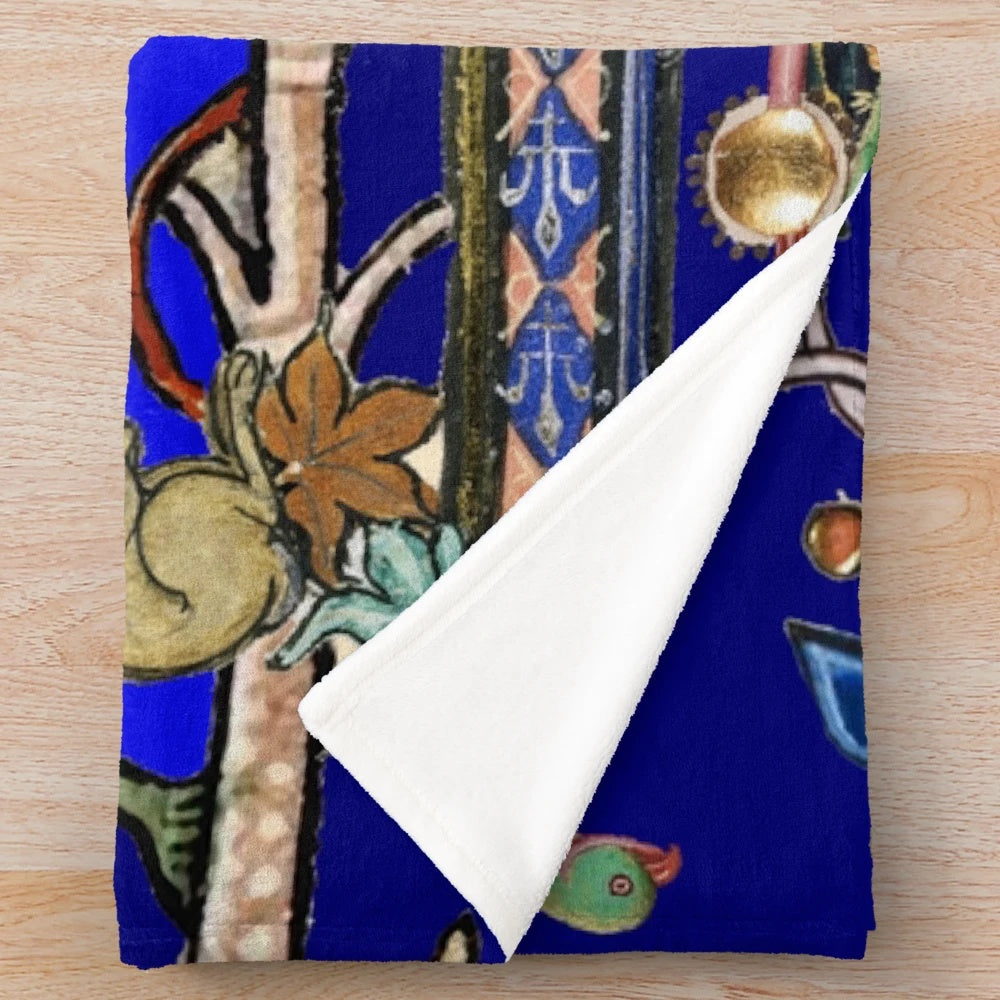 Whimsical medieval bestiary plush blanket featuring owls and rabbits playing musical instruments under a crescent moon