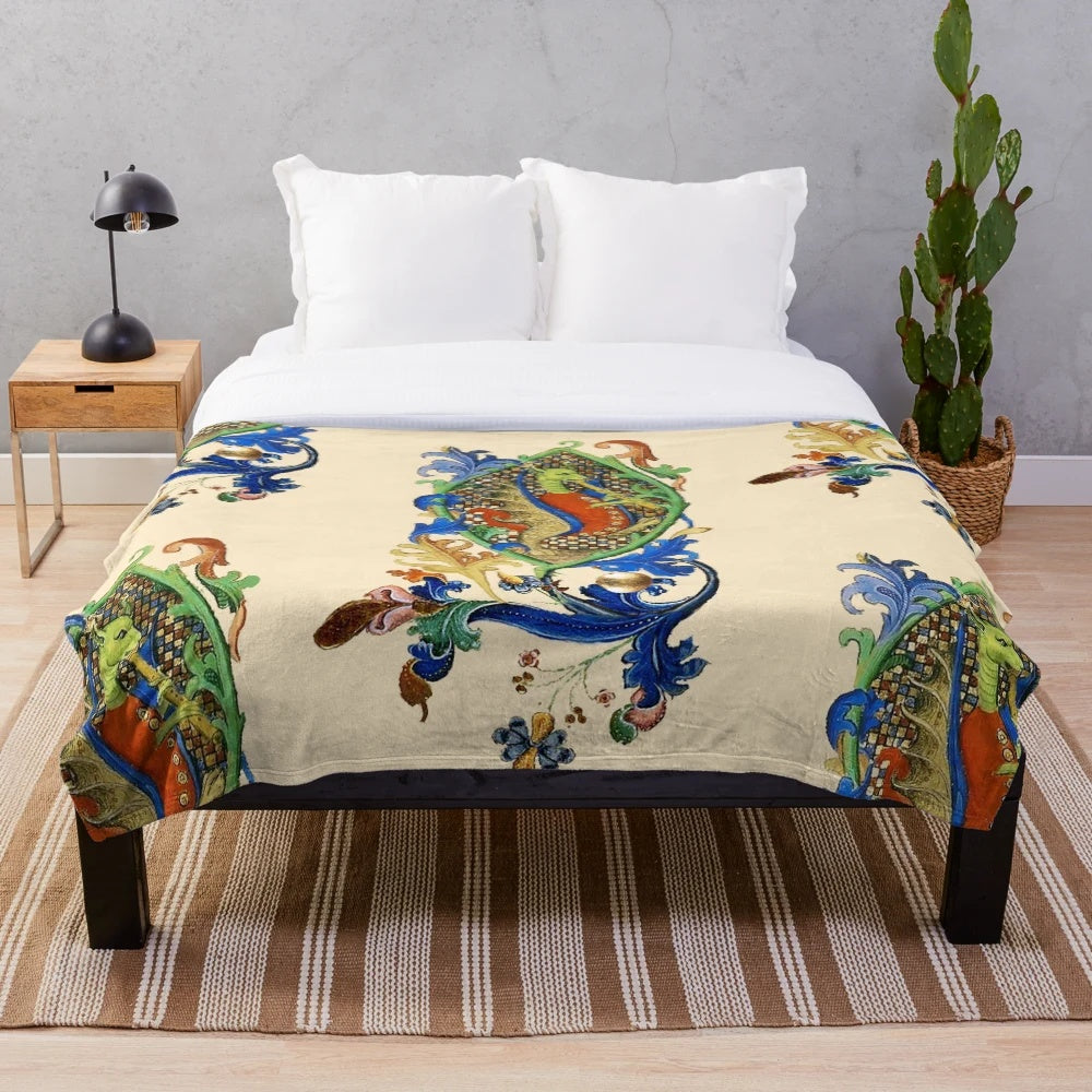 Plush blanket featuring a green dragon playing a flute from a medieval bestiary