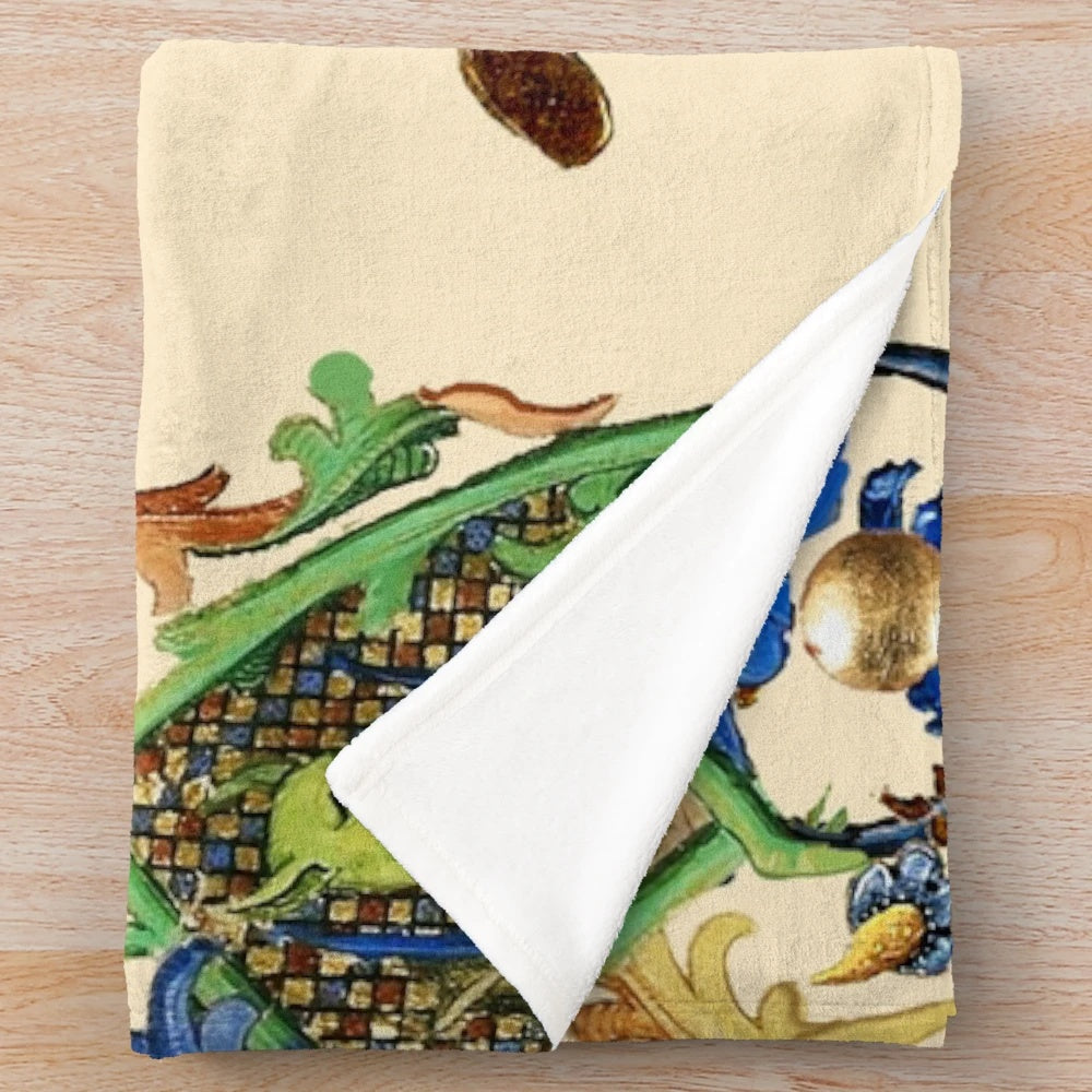 Plush blanket featuring a green dragon playing a flute from a medieval bestiary