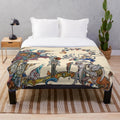 Plush blanket featuring a whimsical medieval fantasy scene with knights, rabbits, and snails fighting