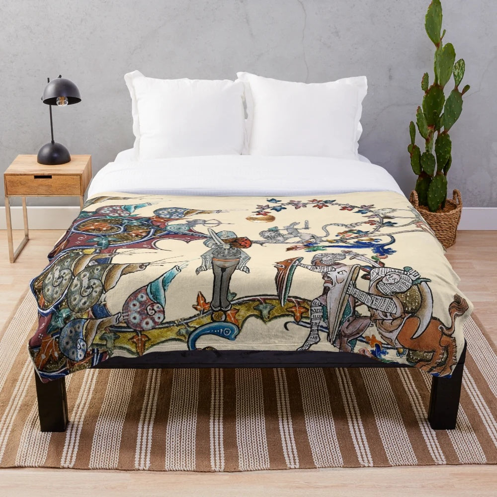 Plush blanket featuring a whimsical medieval fantasy scene with knights, rabbits, and snails fighting