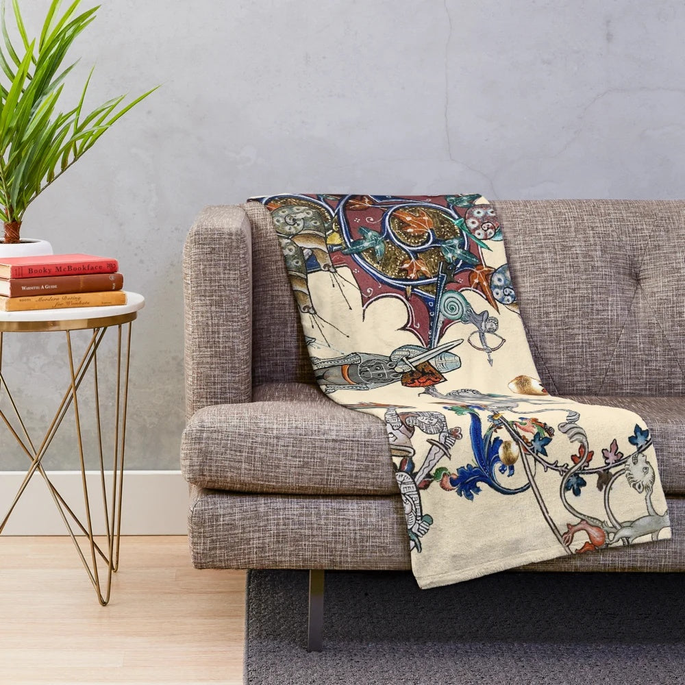 Plush blanket featuring a whimsical medieval fantasy scene with knights, rabbits, and snails fighting