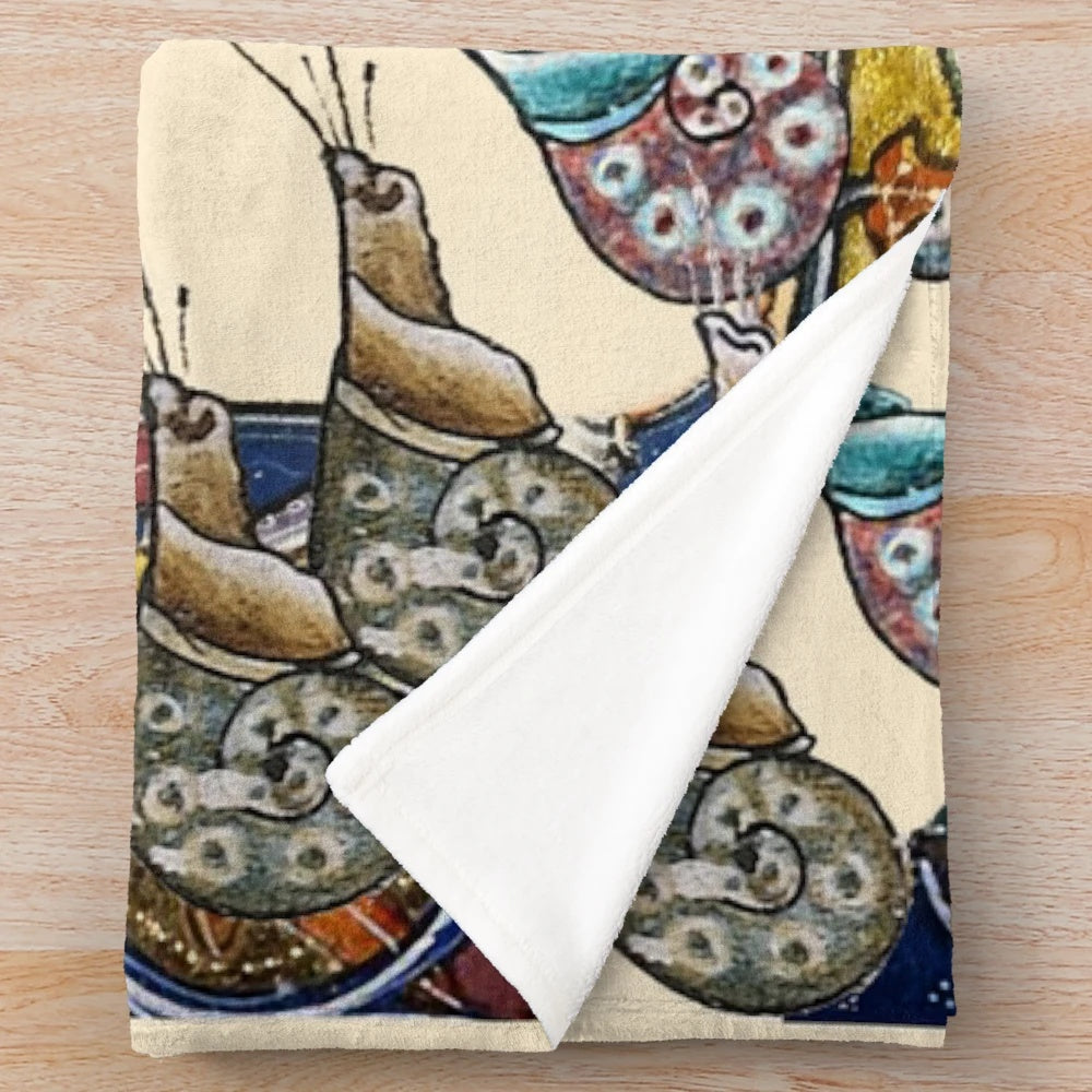 Plush blanket featuring a whimsical medieval fantasy scene with knights, rabbits, and snails fighting