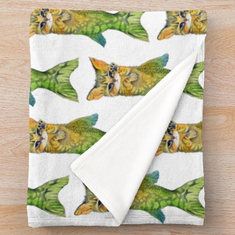 Vibrant mermaid cat plush blanket featuring a pop surrealism-inspired design