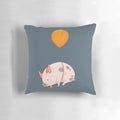 An artistic digital illustration of a miniature pink and orange pig floating in the air like a balloon.
