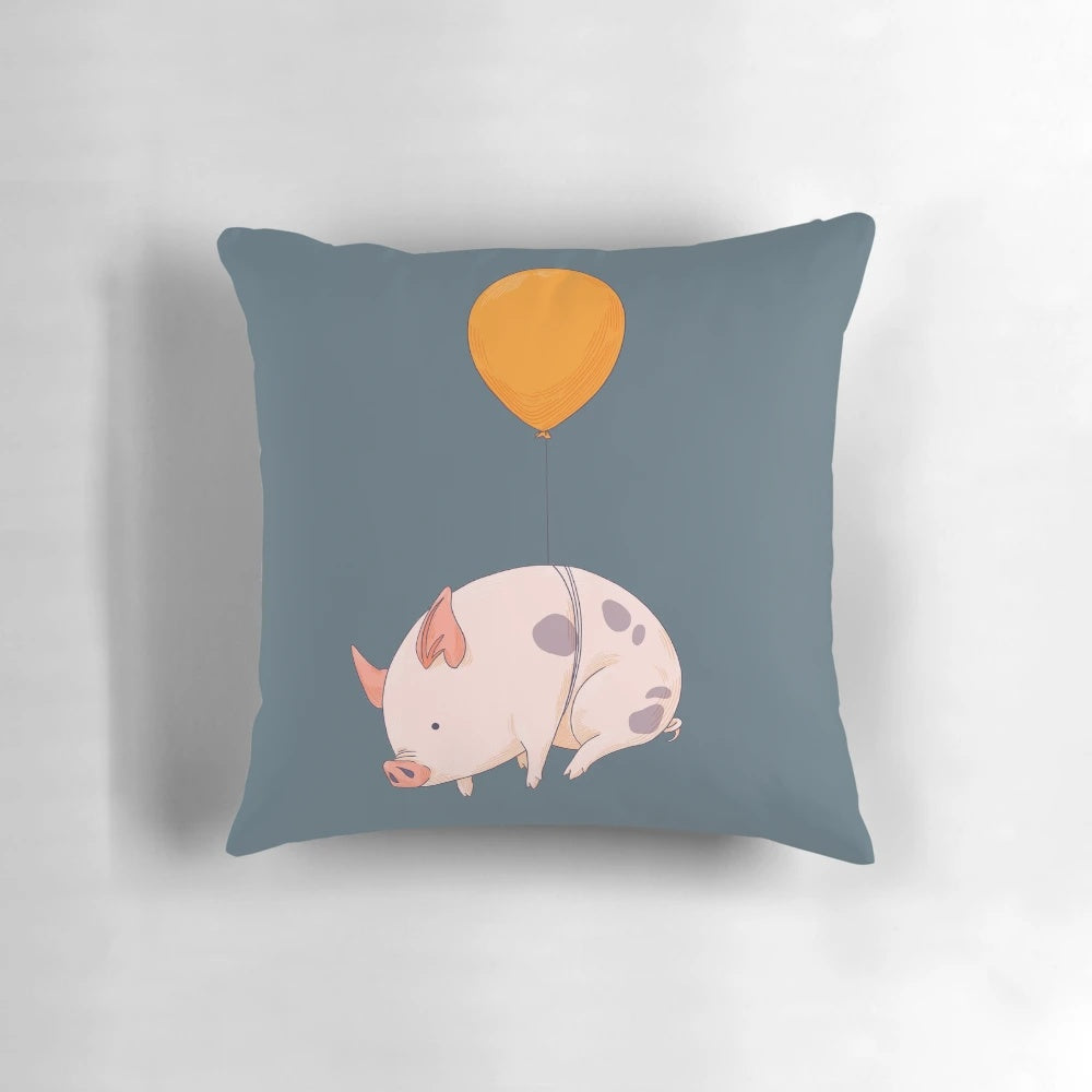 An artistic digital illustration of a miniature pink and orange pig floating in the air like a balloon.