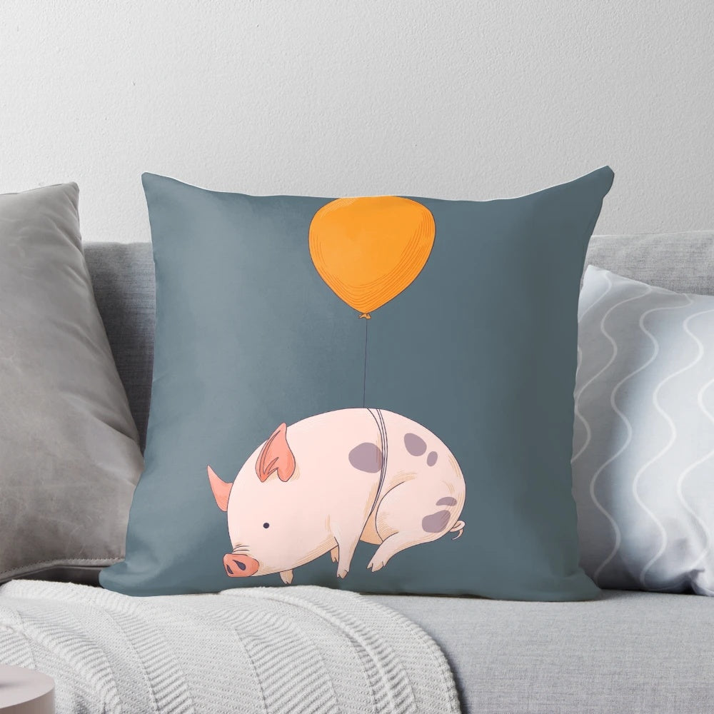 An artistic digital illustration of a miniature pink and orange pig floating in the air like a balloon.