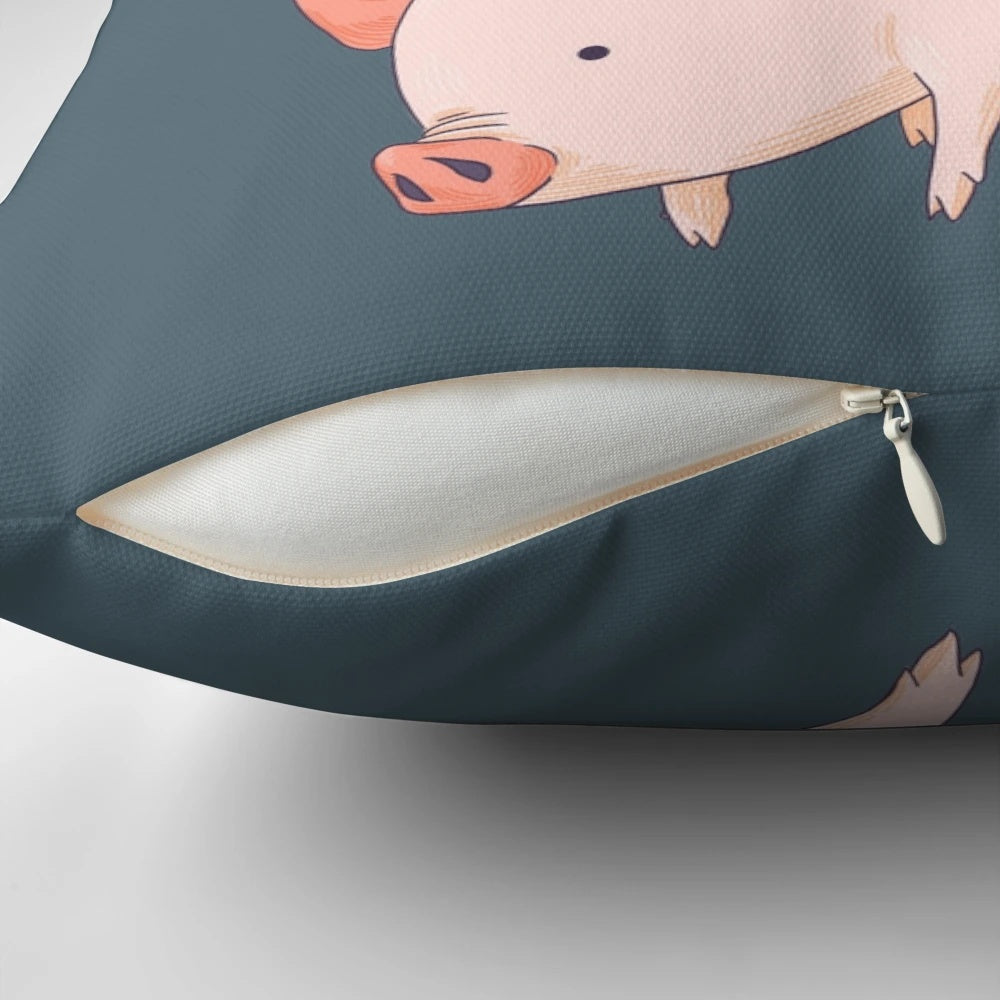 An artistic digital illustration of a miniature pink and orange pig floating in the air like a balloon.