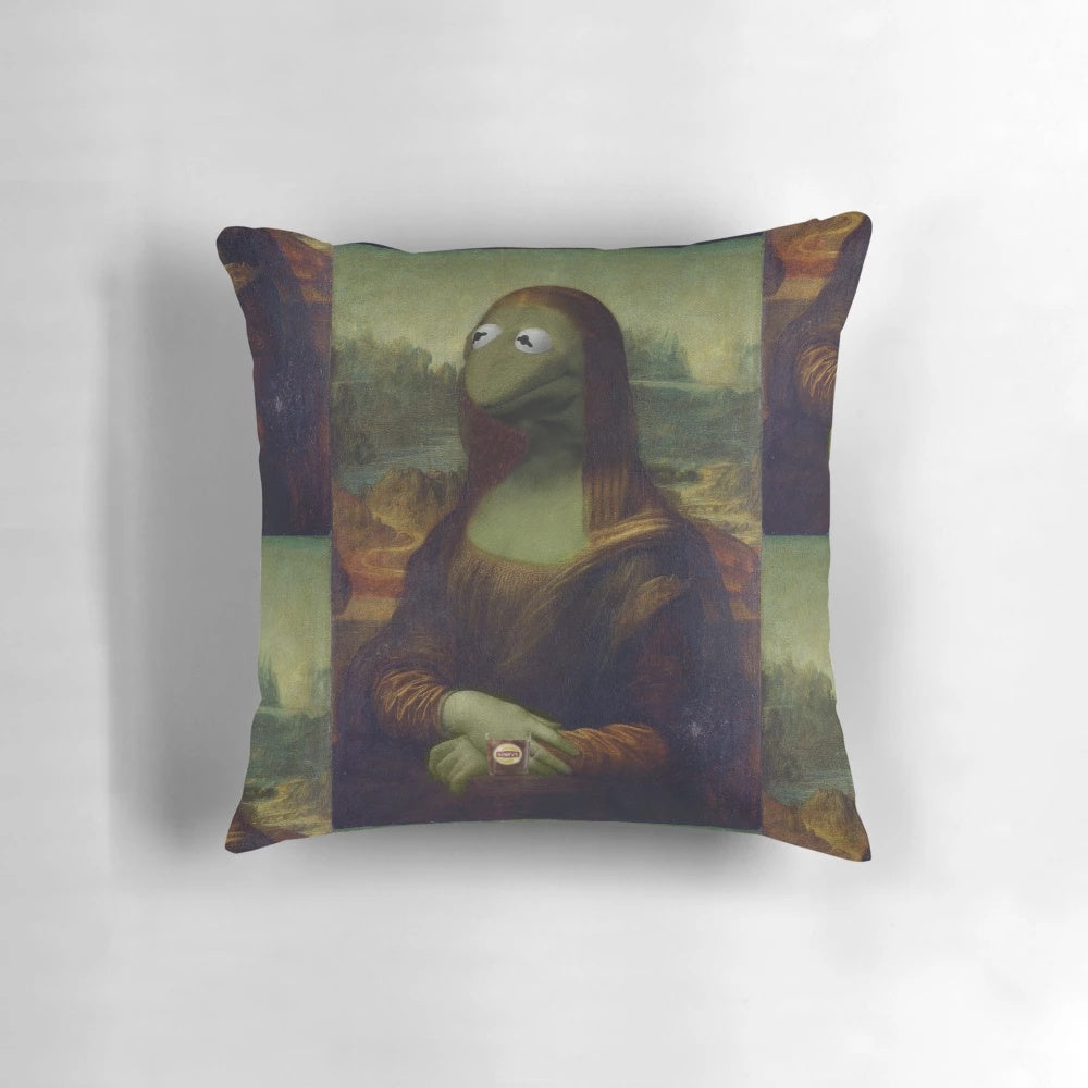 Colorful decorative pillow featuring a humorous pop art mashup of Mona Lisa and Kermit the Frog
