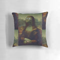 Colorful decorative pillow featuring a humorous pop art mashup of Mona Lisa and Kermit the Frog