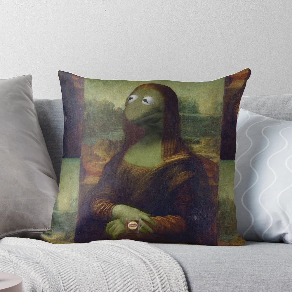 Colorful decorative pillow featuring a humorous pop art mashup of Mona Lisa and Kermit the Frog