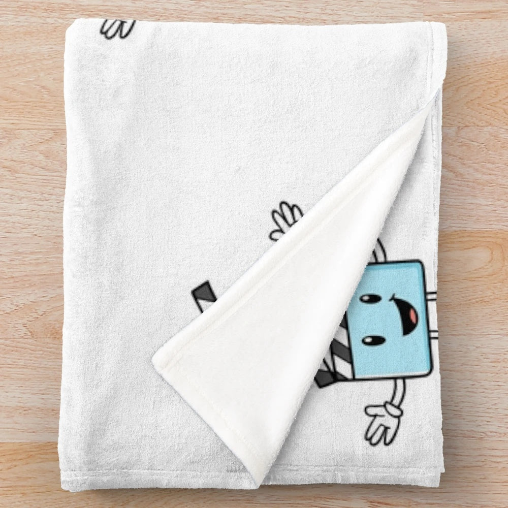 Cozy plush blanket featuring a minimalist movie clapper board mascot character with a waving hand
