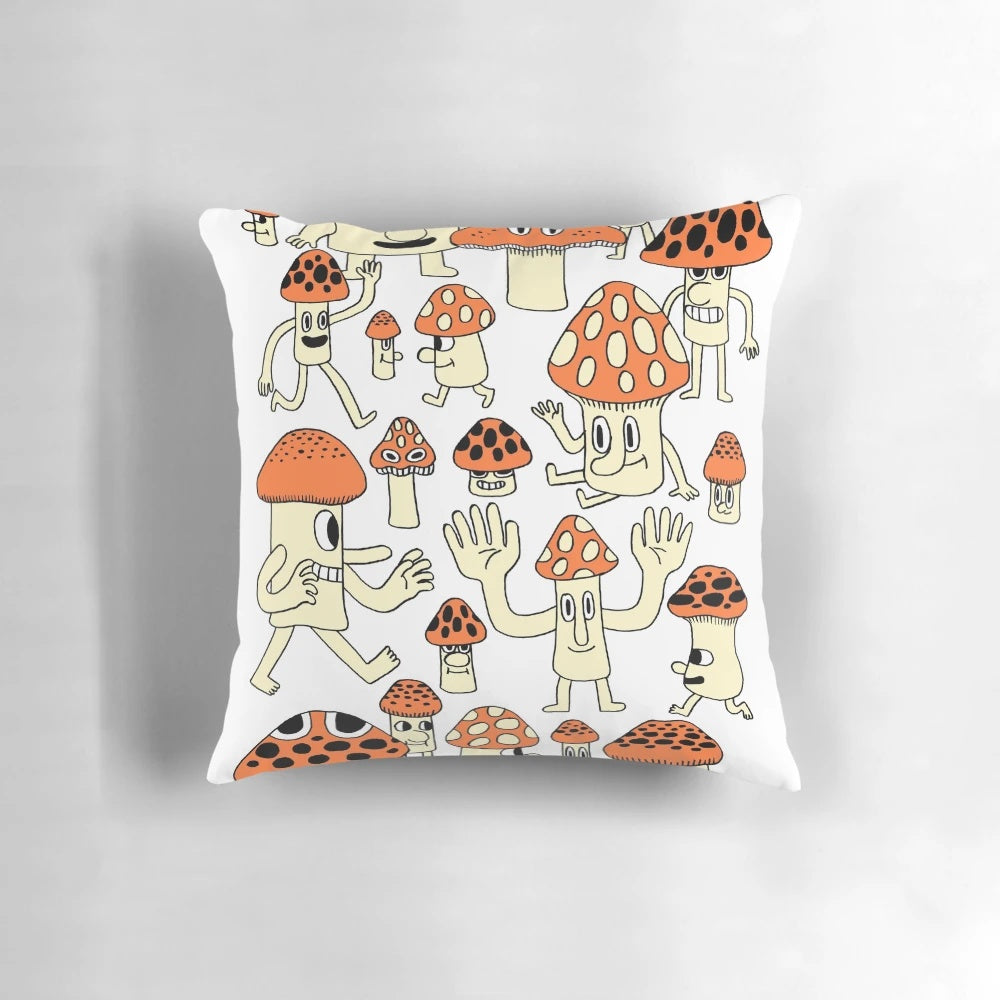 Vibrant and charming mushroom character pillow with a bold, nature-inspired design.